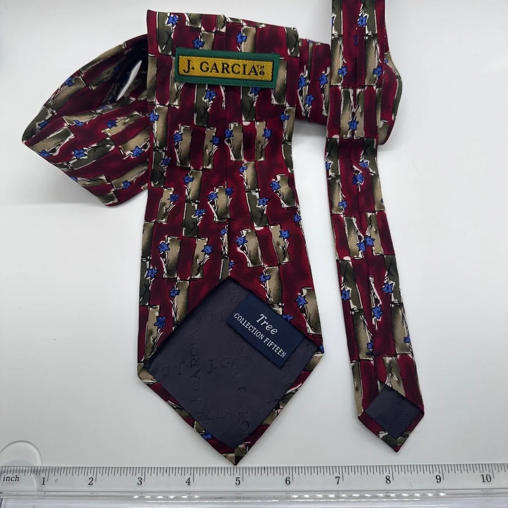 J. Garcia Necktie Floral Burgundy Blue Abstract Silk Tie‎